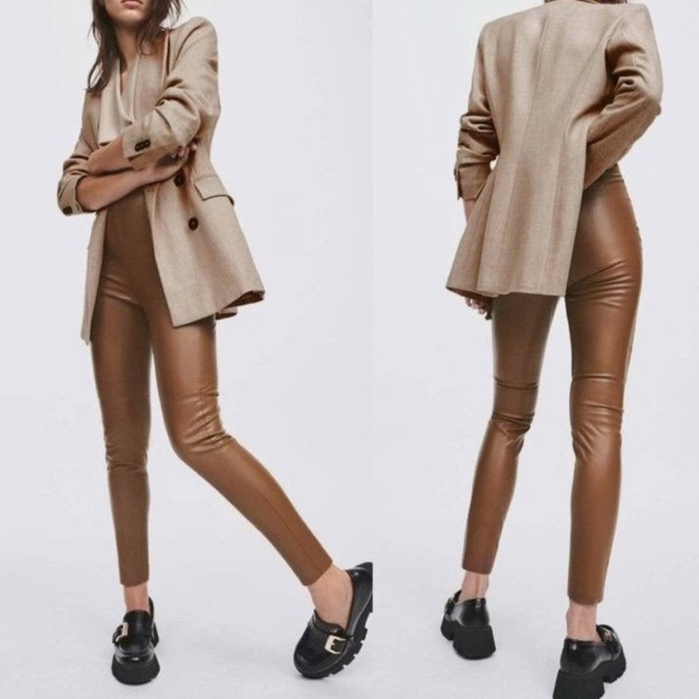 NWT Zara High Rise Faux Leather Leggings Pants Brown Moto